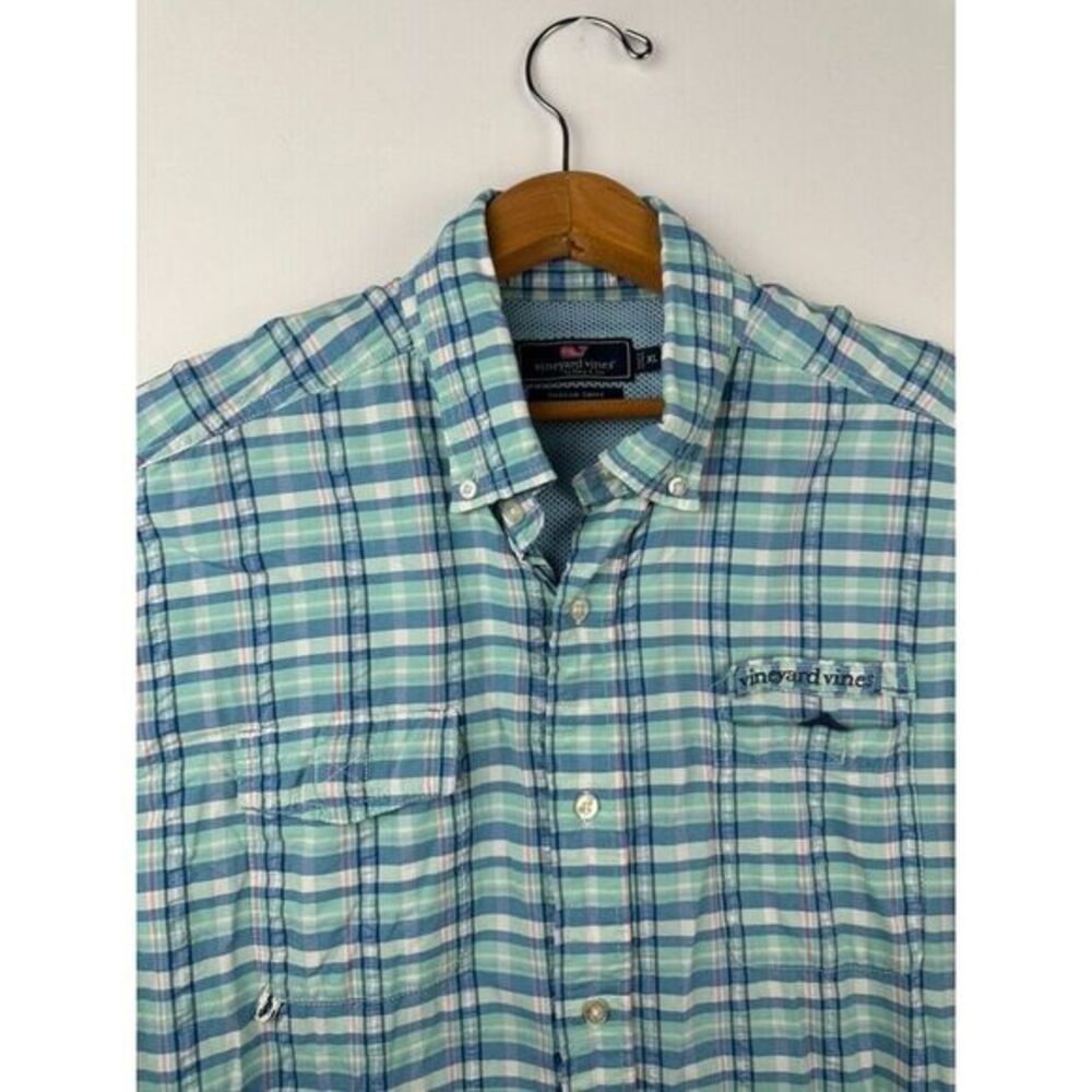 Vineyard Vines Shirt Mens Extra Large Blue Plaid Performance Harbor Fishing Vent
